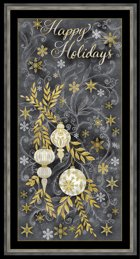 Fabric Panel Happy Holidays Grey Metallic Timeless Treasures