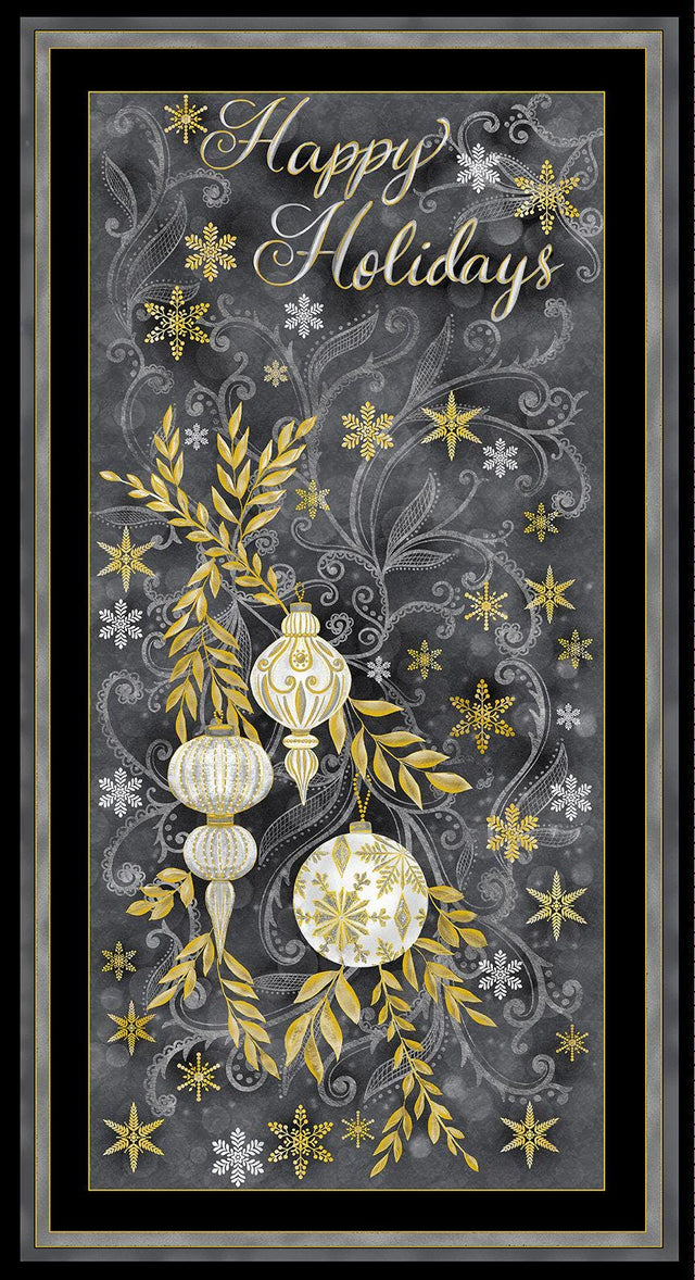 Fabric Panel Happy Holidays Grey Metallic Timeless Treasures
