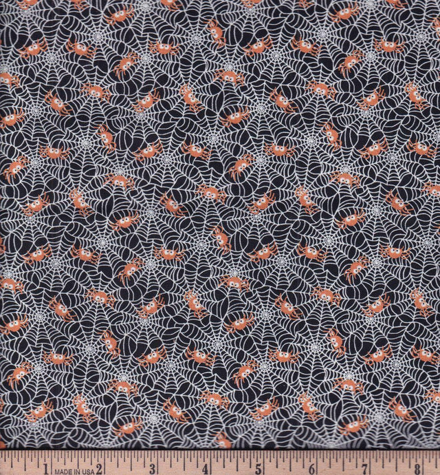 Quilting Cotton Lil Spiders & Webs Halloween Black 100% Cotton