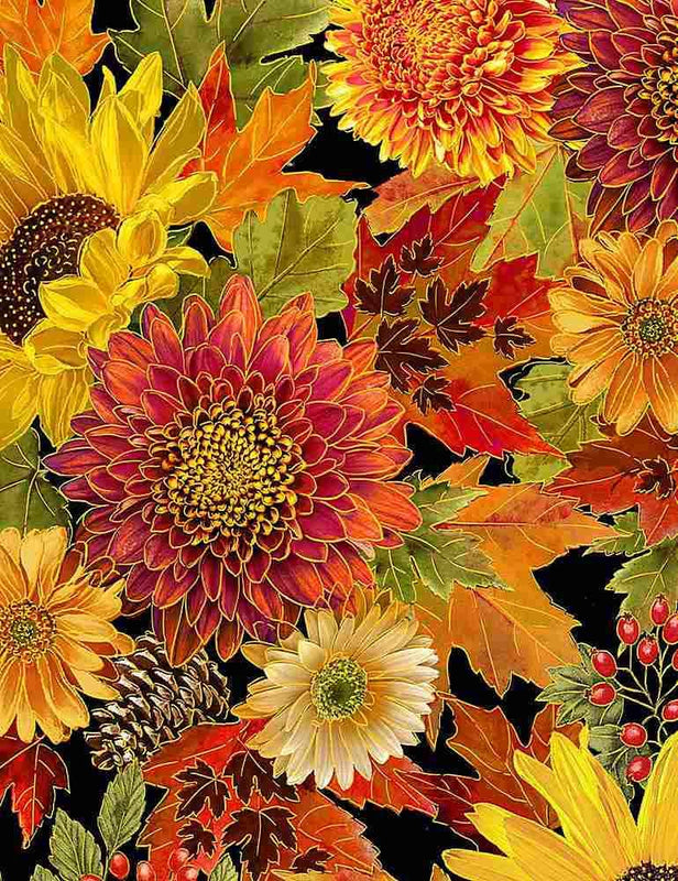 Quilting Cotton Packed Harvest Bouquets Metallic Black Timeless Treasures