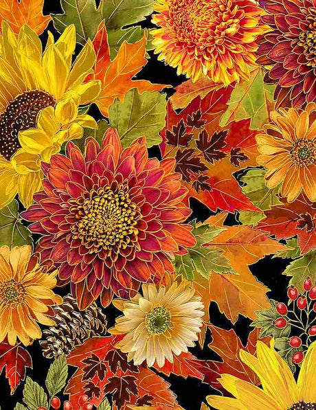 Quilting Cotton Packed Harvest Bouquets Metallic Black Timeless Treasures