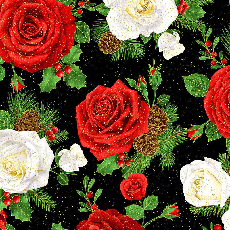 Quilting Cotton Winter Rose Roses & Pinecone Bouquet Metallic Black Timeless Treasures