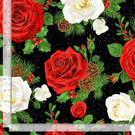 Quilting Cotton Winter Rose Roses & Pinecone Bouquet Metallic Black Timeless Treasures