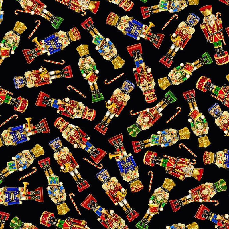 Quilting Cotton Tossed Nutcrackers Deck the Halls Black Metallic Christmas Timeless Treasures