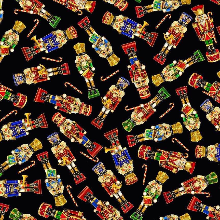 Quilting Cotton Tossed Nutcrackers Deck the Halls Black Metallic Christmas Timeless Treasures
