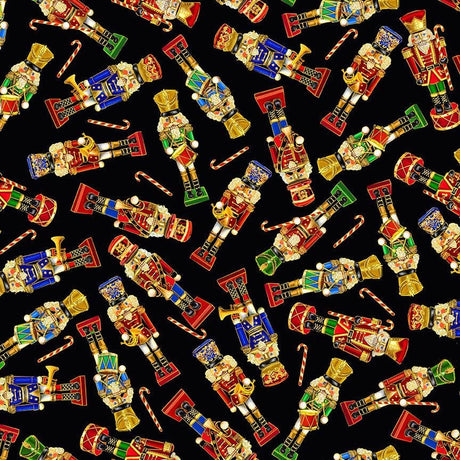 Quilting Cotton Tossed Nutcrackers Deck the Halls Black Metallic Christmas Timeless Treasures