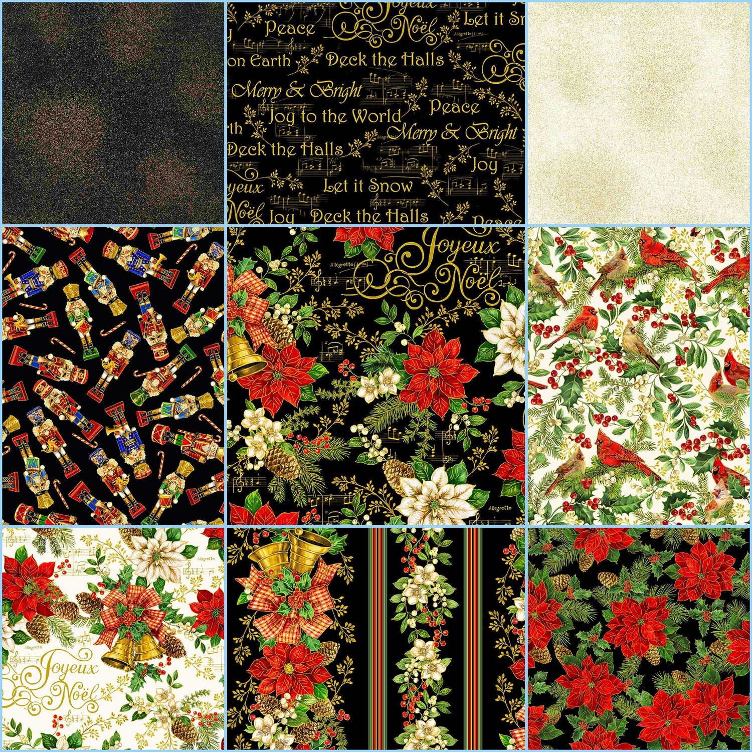Quilting Cotton Tossed Nutcrackers Deck the Halls Black Metallic Christmas Timeless Treasures