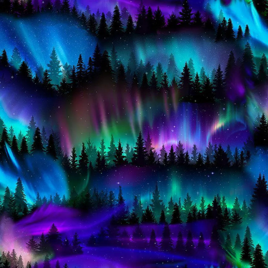 Quilting Cotton Winter Light Trees Aurora Borealis Digital Print Timeless Treasures