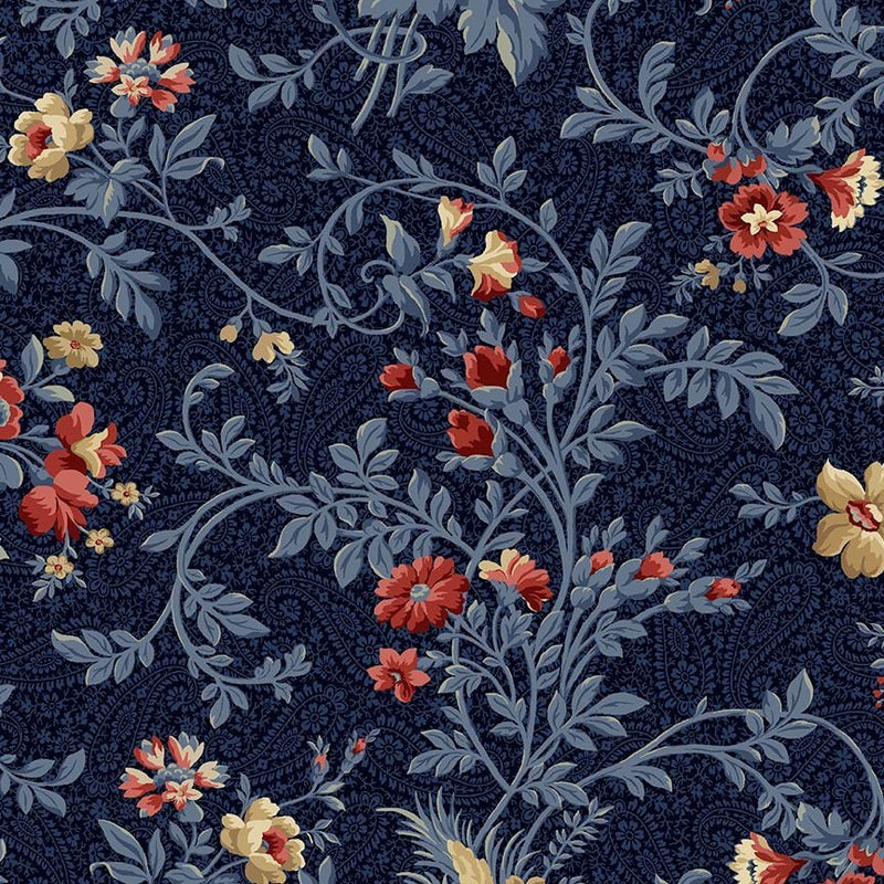 Quilting Cotton Victory Garden Large Vintage Floral Vine Navy Timeless Treasures
