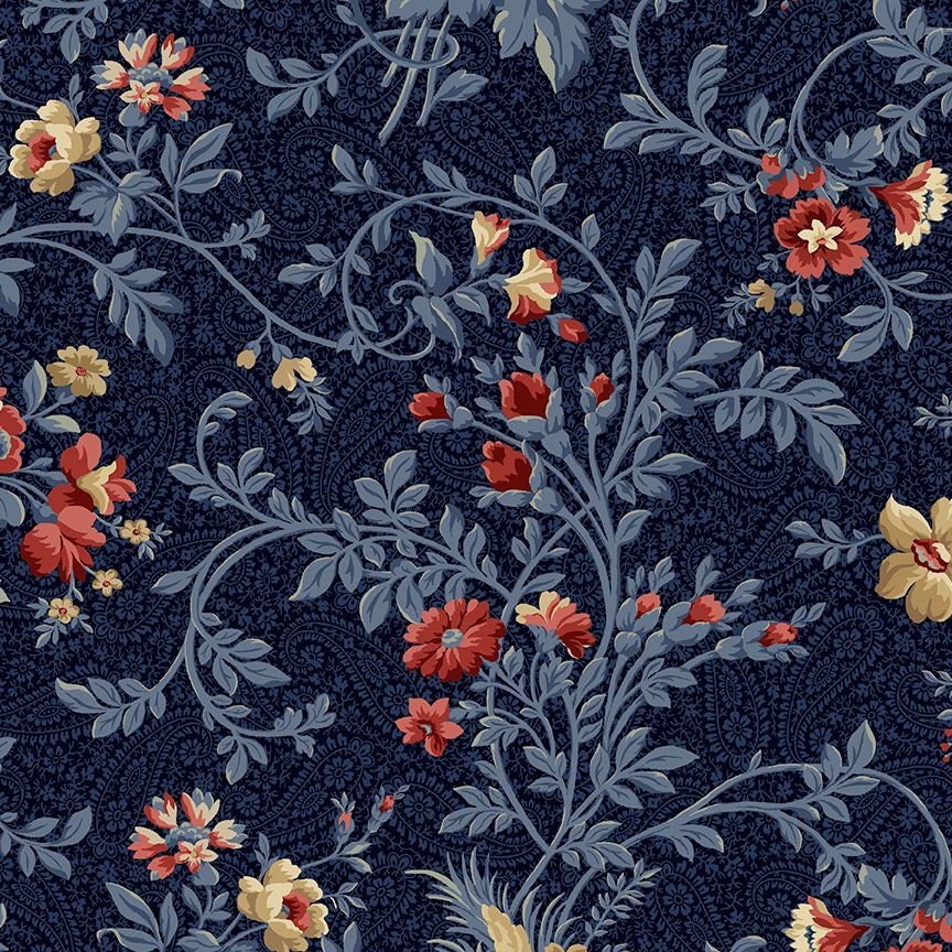 Quilting Cotton Victory Garden Large Vintage Floral Vine Navy Timeless Treasures