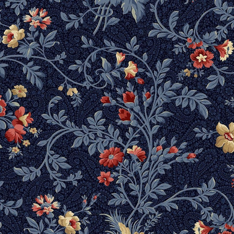 Quilting Cotton Victory Garden Large Vintage Floral Vine Navy Timeless Treasures