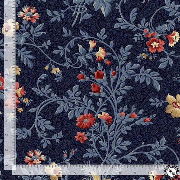 Quilting Cotton Victory Garden Large Vintage Floral Vine Navy Timeless Treasures