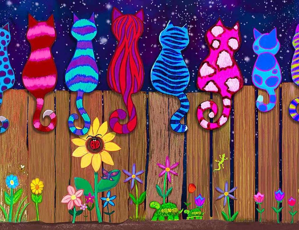 Quilting Cotton Colorful Cats on a Fence Stripe Timeless Treasures
