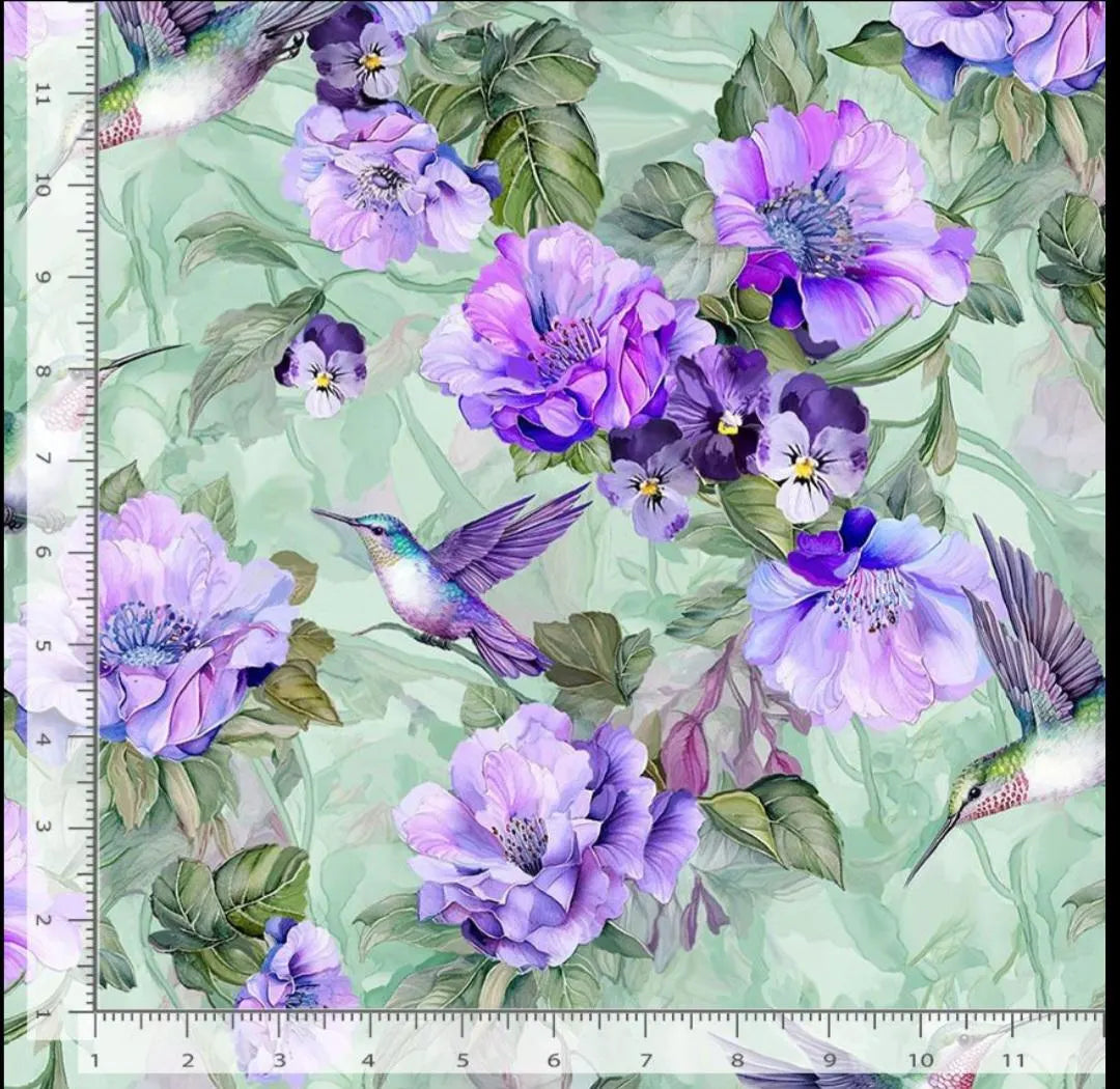 Quilting Cotton Hummingbirds Floral Garden Delight Sage Timeless Treasures