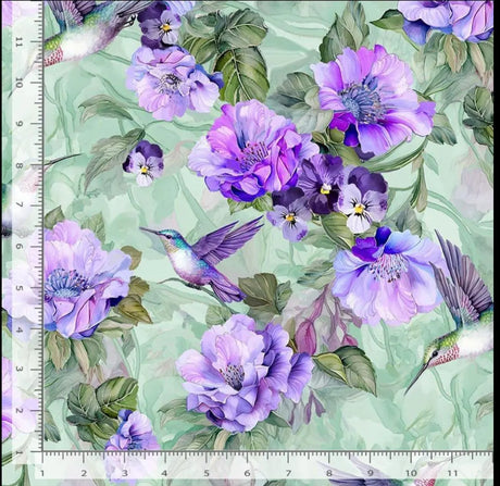 Quilting Cotton Hummingbirds Floral Garden Delight Sage Timeless Treasures