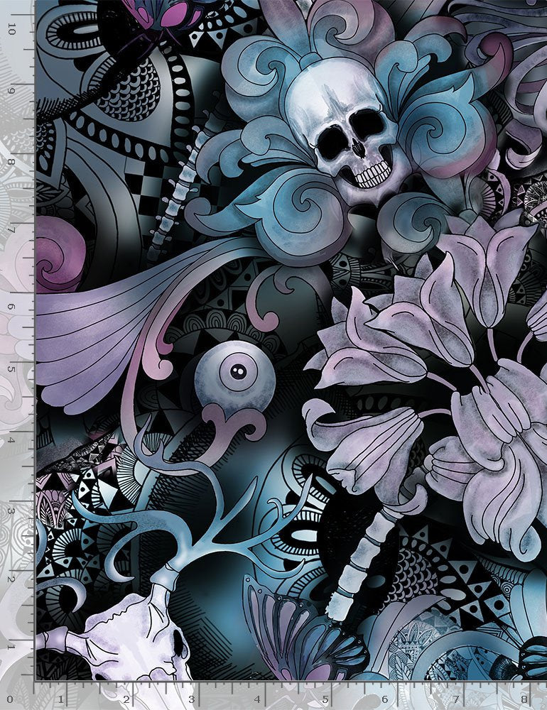 Quilting Cotton Skull Floral Butterfly Tattoo Print Timeless Treasures