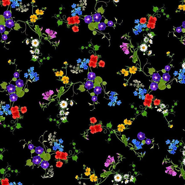 Quilting Cotton Flora-CD1822 Black Bright Florals Timeless Treasures
