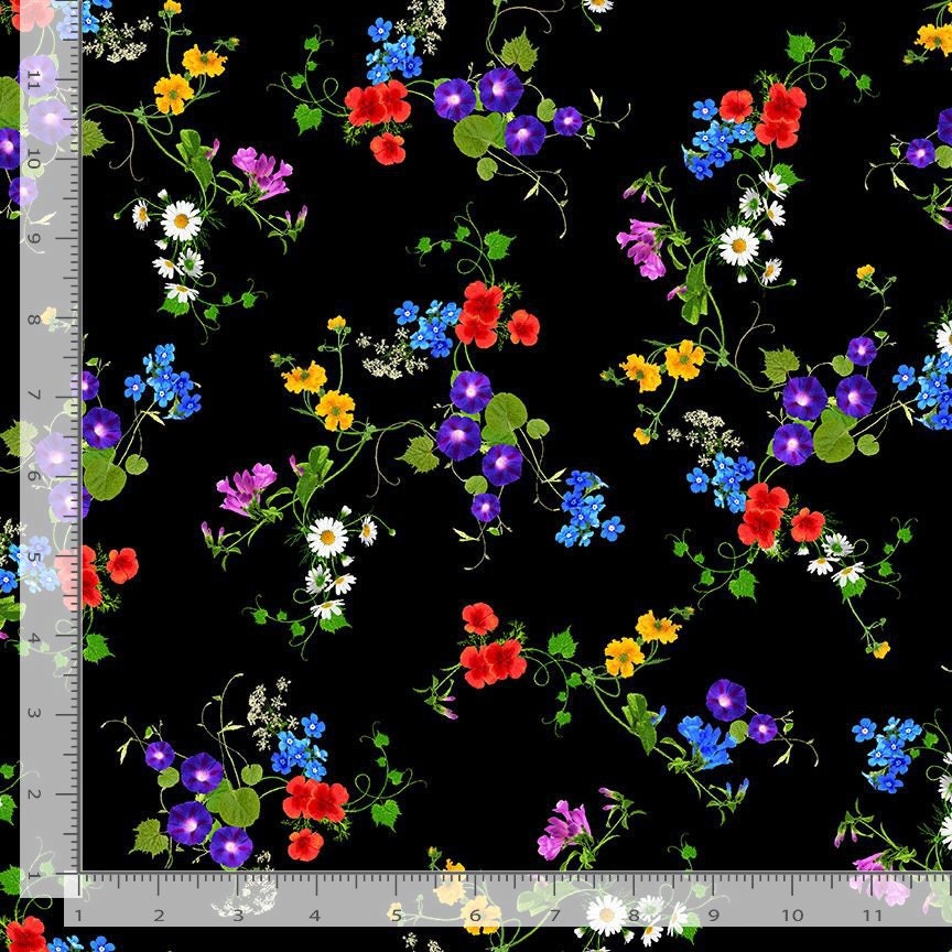Quilting Cotton Flora-CD1822 Black Bright Florals Timeless Treasures