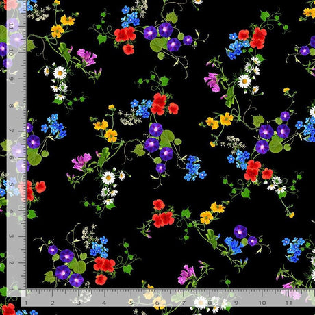 Quilting Cotton Flora-CD1822 Black Bright Florals Timeless Treasures