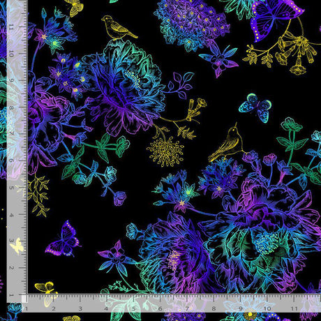Quilting Cotton Floral Bird Etching Metallic Timeless Treasures