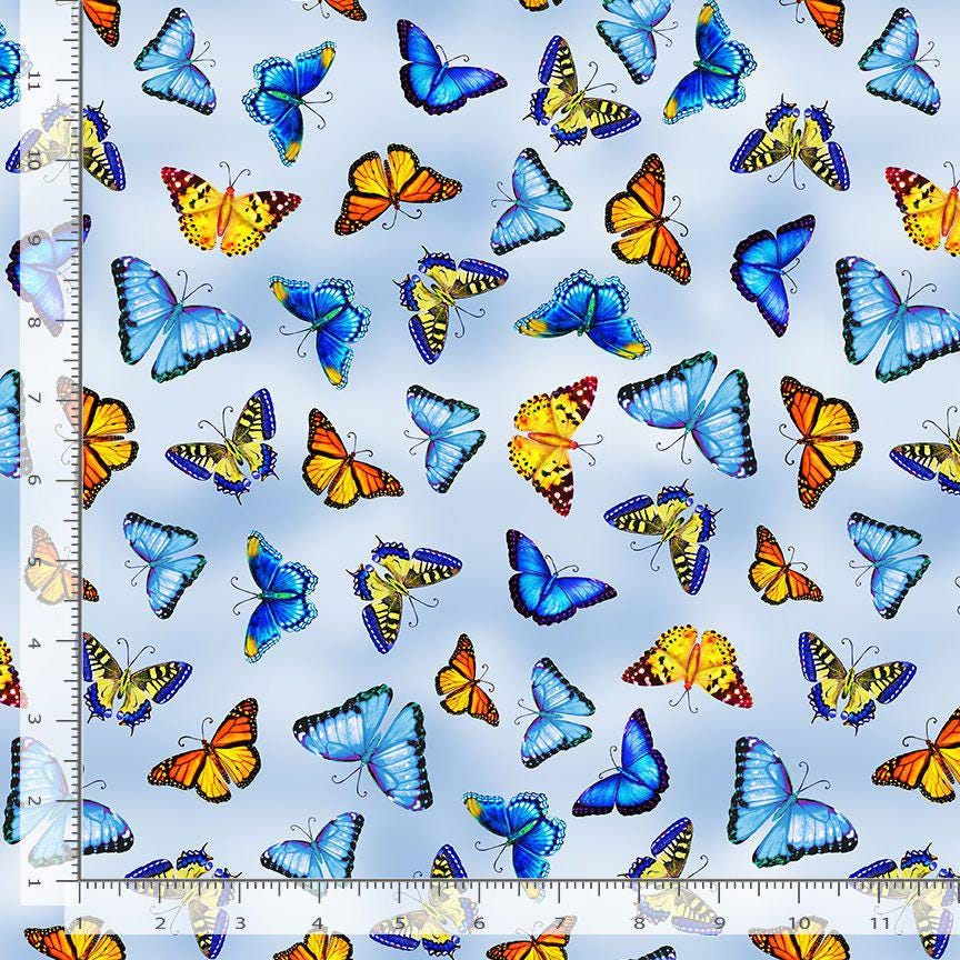 Quilting Cotton Tossed Butterflies Faith Sky Blue Floral Timeless Treasures