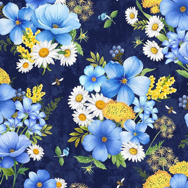 Quilting Cotton Bee & Bee Kind Floral Bouquet Navy Timeless Treasures