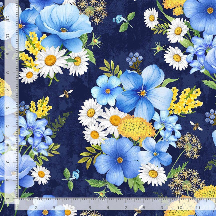 Quilting Cotton Bee & Bee Kind Floral Bouquet Navy Timeless Treasures