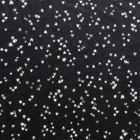 Poly Spandex Jersey Knit Fabric Tiny White and Rose Gold Foil Hearts on Black