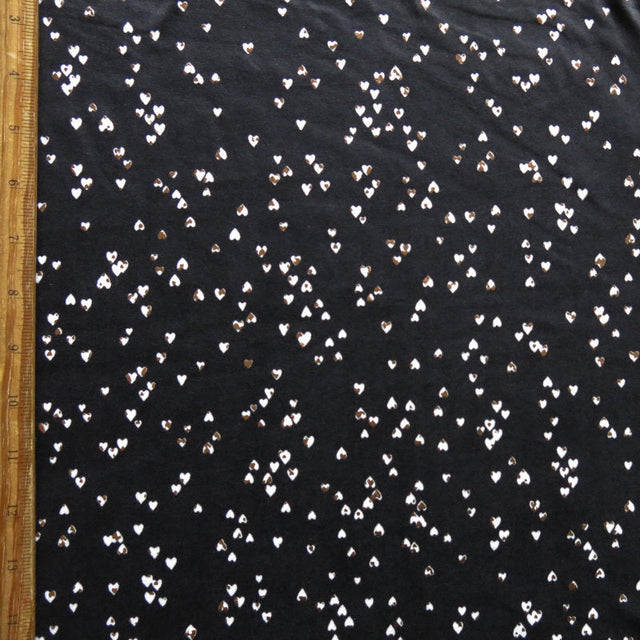 Poly Spandex Jersey Knit Fabric Tiny White and Rose Gold Foil Hearts on Black