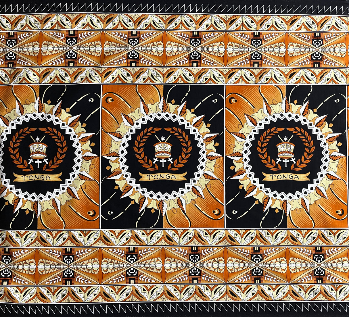 Tongan Seal Double Border Cotton Light Barkcloth Cotton Fabric - Black, Purple, Yellow, Brown, Red Double Border Geometric Print, 36" x 44" (1 Yard)