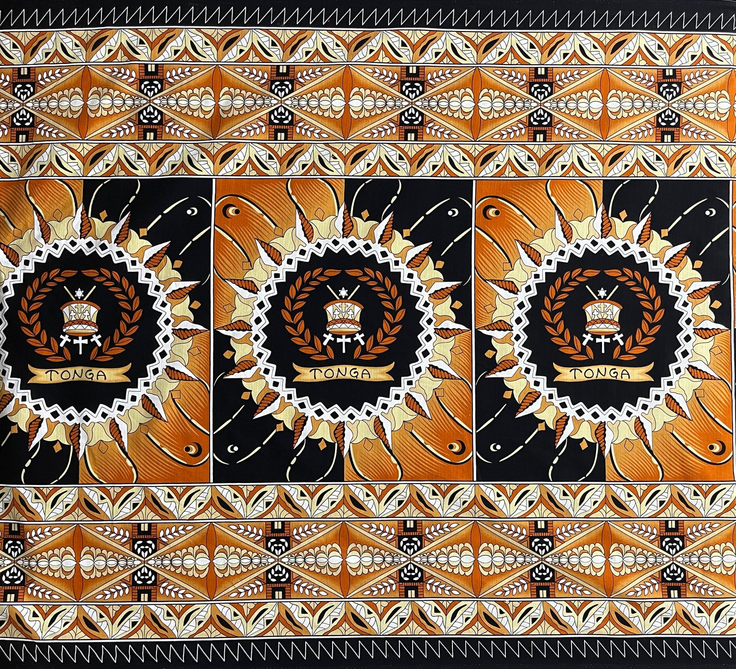 Tongan Seal Double Border Cotton Light Barkcloth Cotton Fabric - Black, Purple, Yellow, Brown, Red Double Border Geometric Print, 36" x 44" (1 Yard)