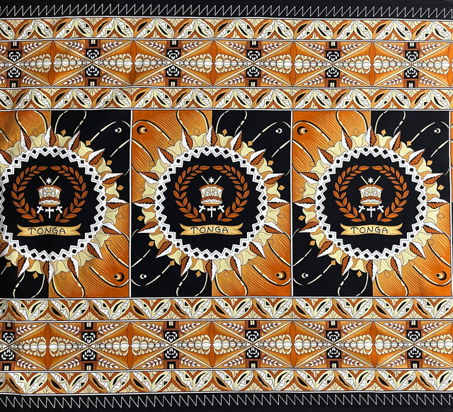 Tongan Seal Double Border Cotton Light Barkcloth Cotton Fabric - Black, Purple, Yellow, Brown, Red Double Border Geometric Print, 36" x 44" (1 Yard)
