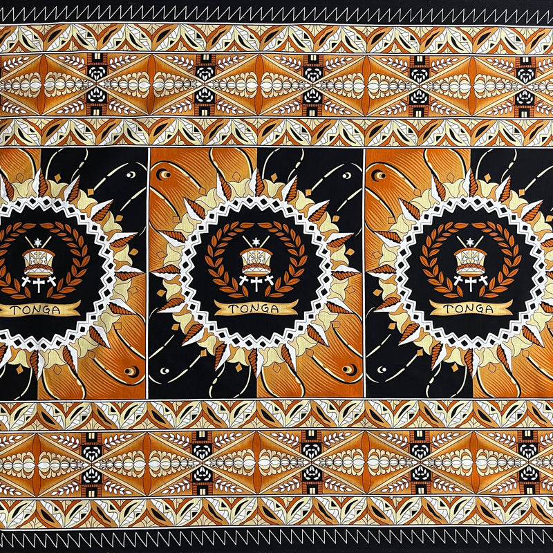 Tongan Seal Double Border Cotton Light Barkcloth Fabric - Black, Purple, Yellow, Brown, Red Geometric Border, 36" X 44" (1 Yard)