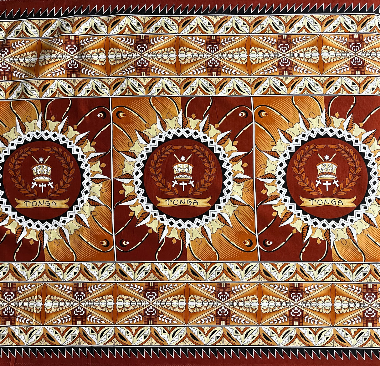 Tongan Seal Double Border Cotton Light Barkcloth Fabric - Black, Purple, Yellow, Brown, Red Geometric Border, 36" X 44" (1 Yard)