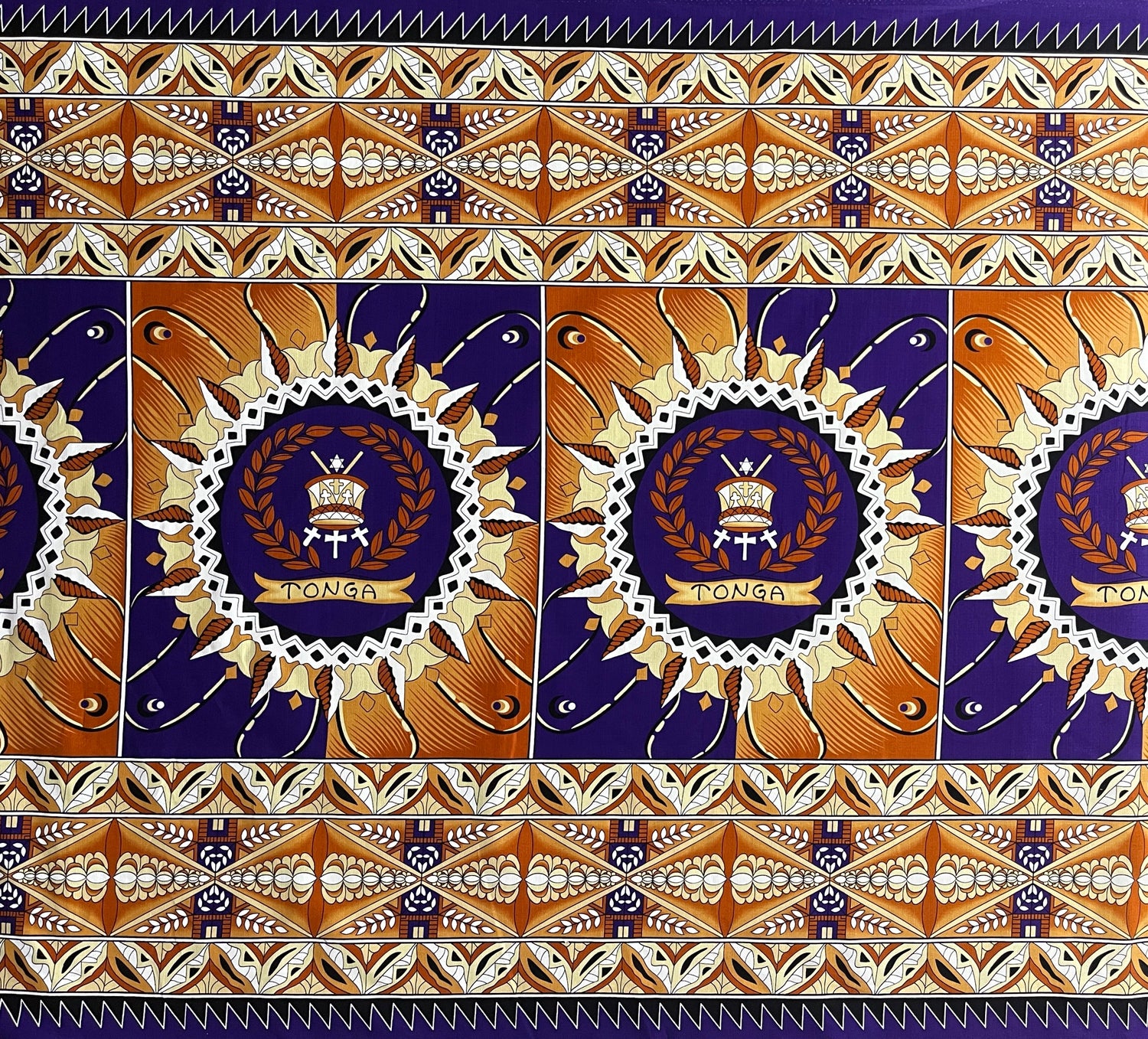 Tongan Seal Double Border Cotton Light Barkcloth Cotton Fabric - Black, Purple, Yellow, Brown, Red Double Border Geometric Print, 36" x 44" (1 Yard)