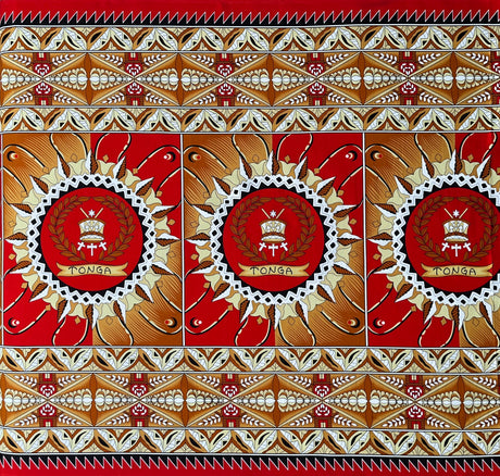 Tongan Seal Double Border Cotton Light Barkcloth Fabric - Black, Purple, Yellow, Brown, Red Geometric Border, 36" X 44" (1 Yard)