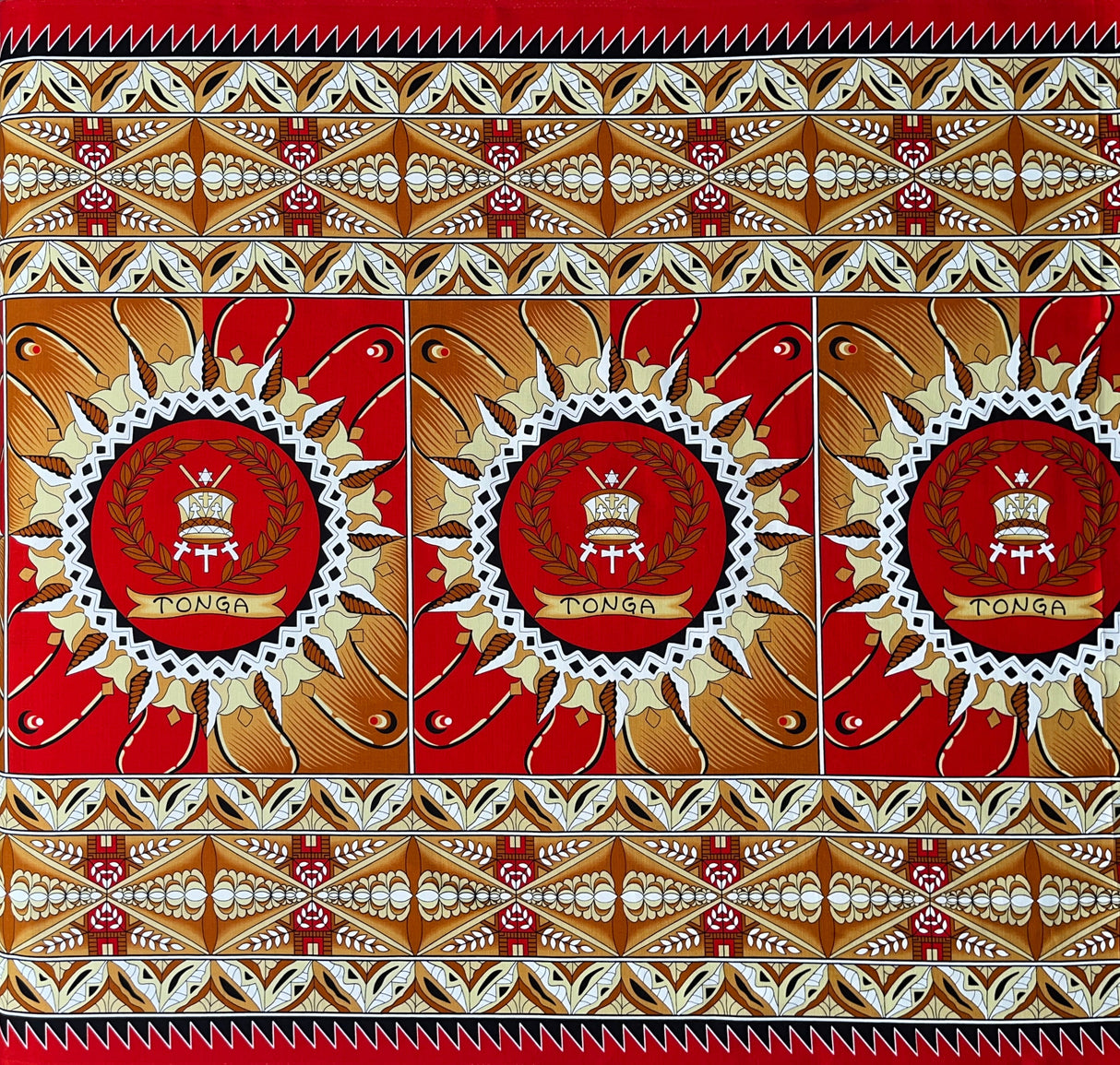 Tongan Seal Double Border Cotton Light Barkcloth Cotton Fabric - Black, Purple, Yellow, Brown, Red Double Border Geometric Print, 36" x 44" (1 Yard)