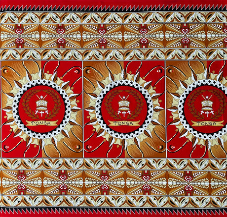 Tongan Seal Double Border Cotton Light Barkcloth Cotton Fabric - Black, Purple, Yellow, Brown, Red Double Border Geometric Print, 36" x 44" (1 Yard)