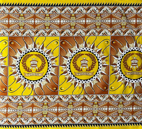 Tongan Seal Double Border Cotton Light Barkcloth Fabric - Black, Purple, Yellow, Brown, Red Geometric Border, 36" X 44" (1 Yard)