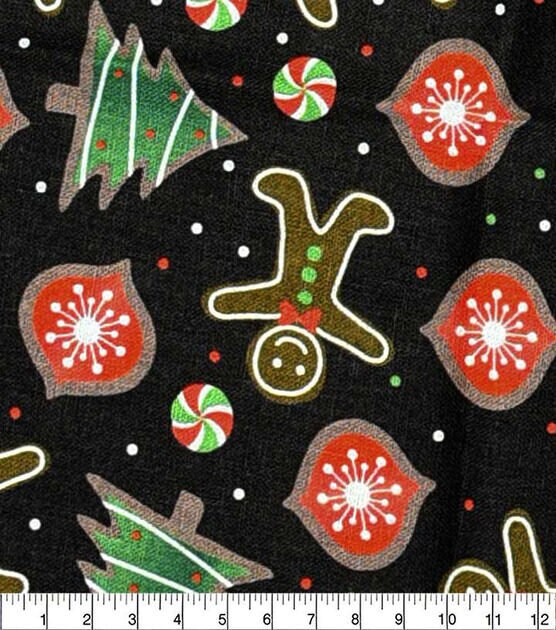 Quilting Cotton Tossed Gingerbread Cookies on Black Christmas 100% Cotton