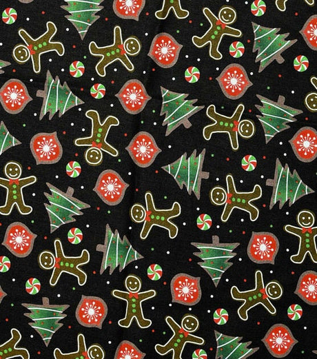 Quilting Cotton Tossed Gingerbread Cookies on Black Christmas 100% Cotton