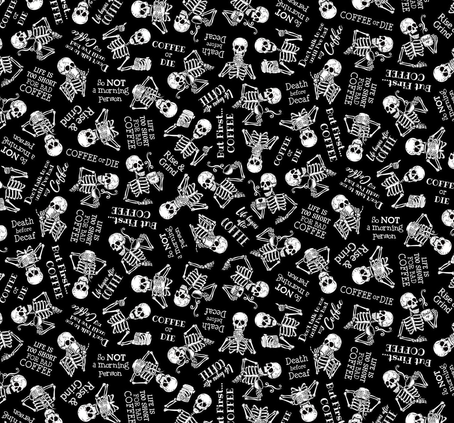 Quilting Cotton Tossed Skeletons in Need of Coffee Timeless Treasures