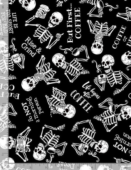 Quilting Cotton Tossed Skeletons in Need of Coffee Timeless Treasures