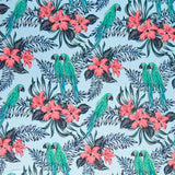 Swim Knit Poly Spandex Toucans and Hibiscus on Blue