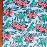 Swim Knit Poly Spandex Toucans and Hibiscus on Blue