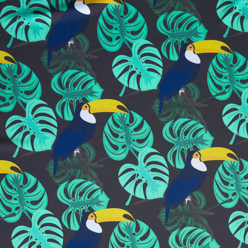 Stretch Woven Boardshort Fabric Toucans and Monstera Leaves