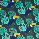 Stretch Woven Boardshort Fabric Toucans and Monstera Leaves