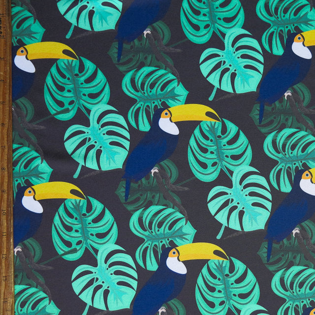 Stretch Woven Boardshort Fabric Toucans and Monstera Leaves