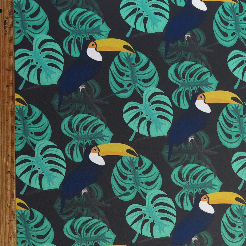Swim Knit Poly Spandex Toucans and Monstera Leaves