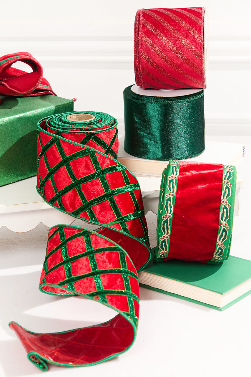 4" x 5 Yard Holly Leaves Edged Red Velvet Ribbon